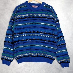 Vintage 90s 3D Knit Concrete Sweater Mens Large Blue Geometric Chunky Crewneck